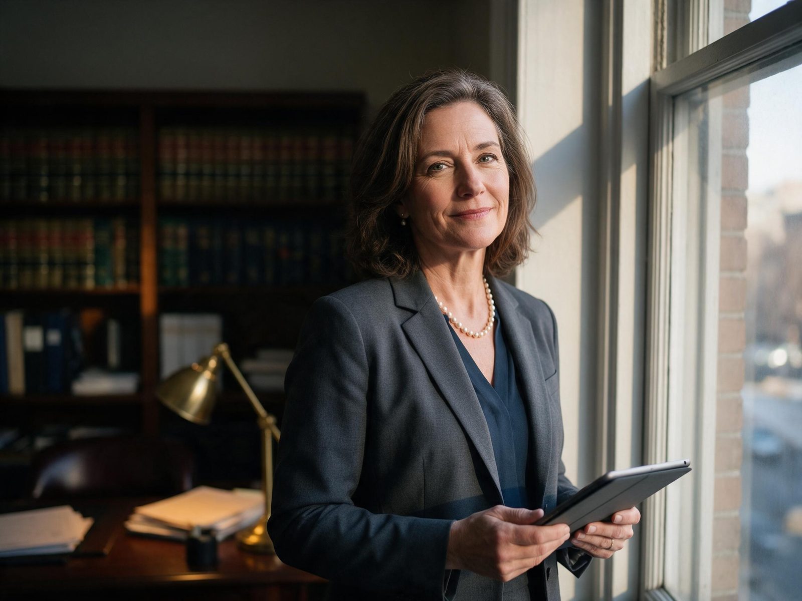 An attorney holding a tablet by the window of a small law office.