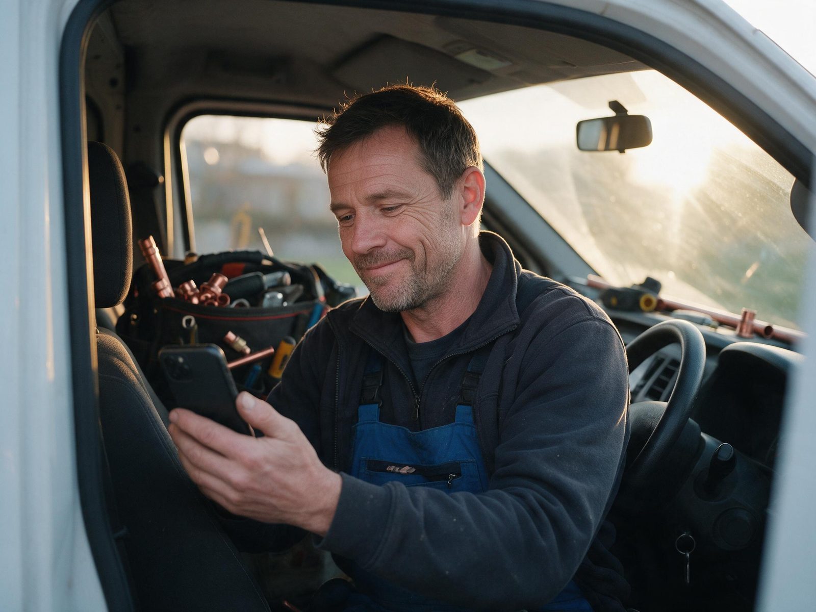 A plumber checking his phone from the cab of his work van at sunrise.