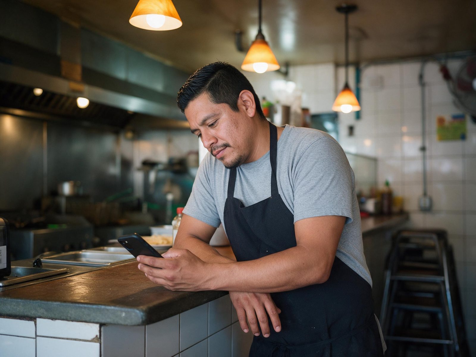 A restaurant owner checking his phone at the counter after closing.